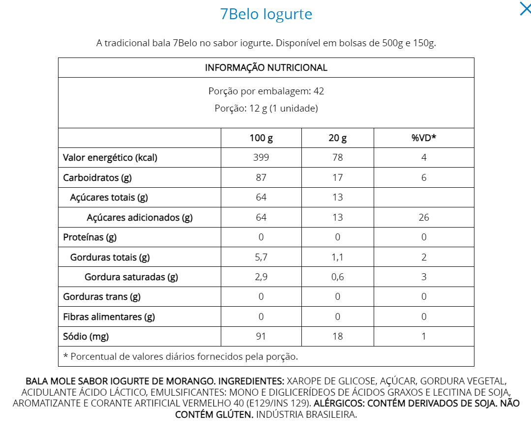 Bala Sete Belo Iogurte 100g